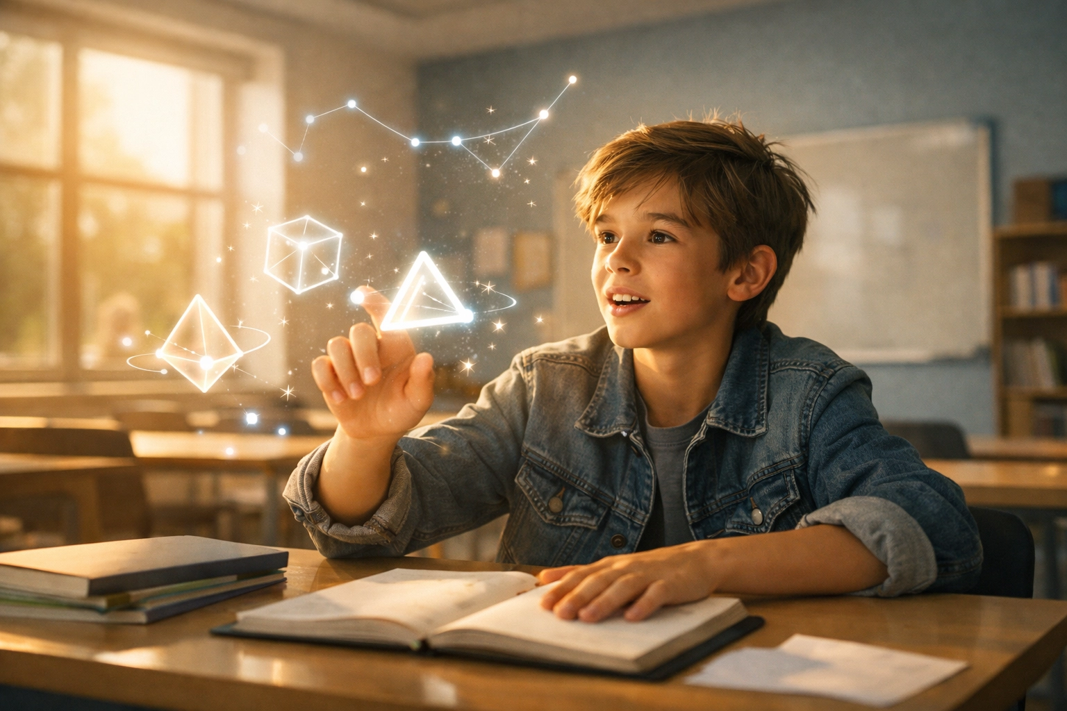 Student using a holographic AI interface in a modern classroom, illustrating the future of learning.
