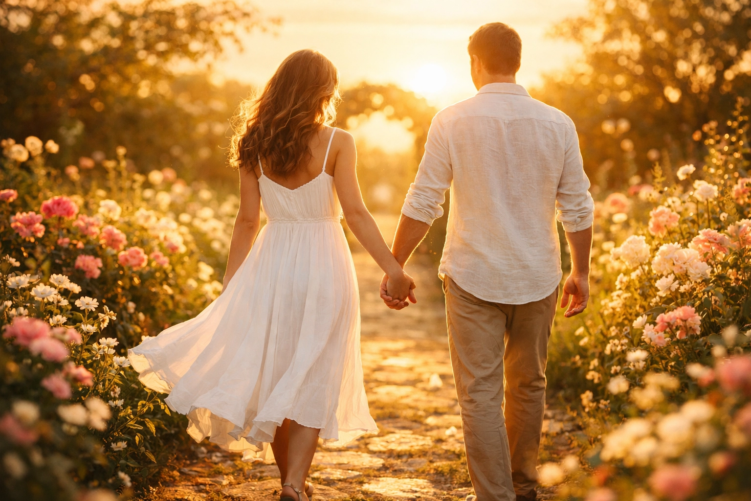 Couple walking hand-in-hand in a garden, celebrating a debt-free wedding and financial peace.