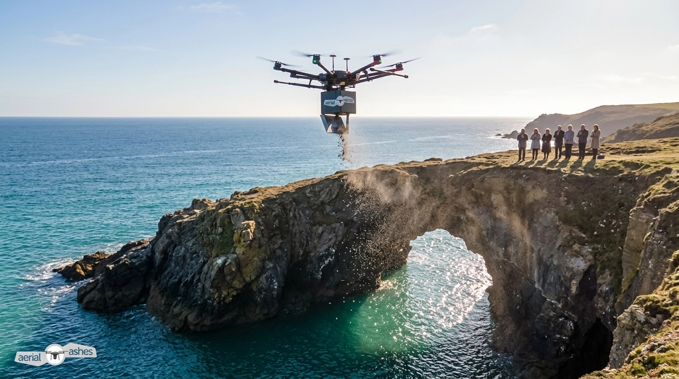 A drone scattering ashes over the rugged Cornwall coast near the Devil's Frying Pan