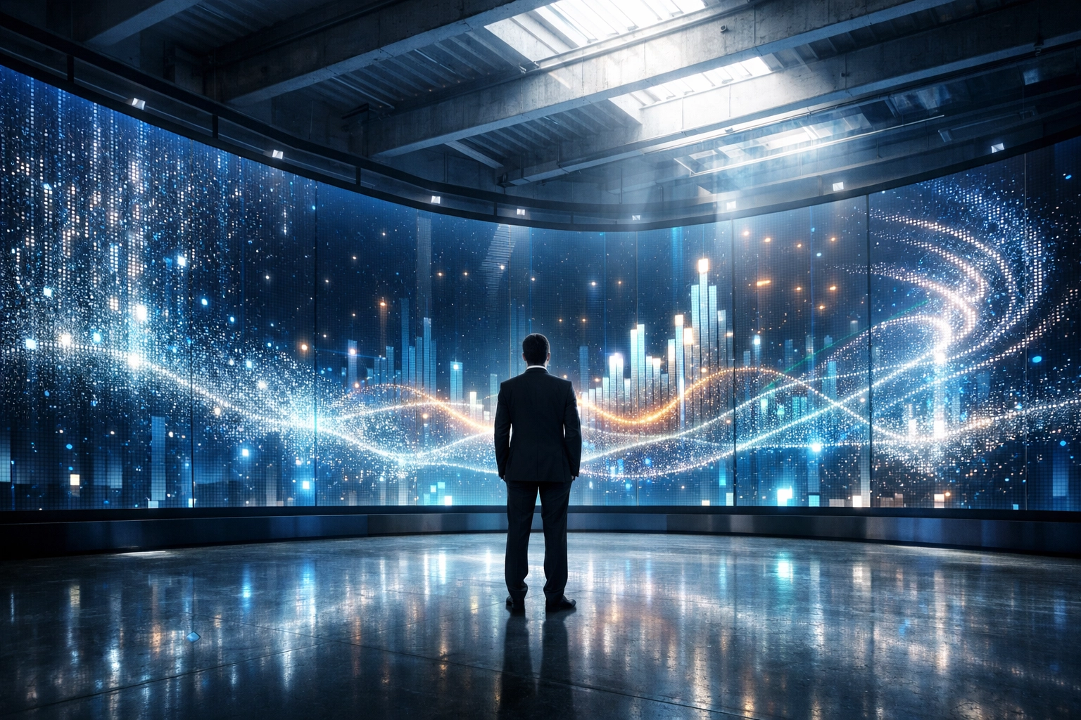 Professional standing before a futuristic digital fan experience wall showing immersive data visualization.