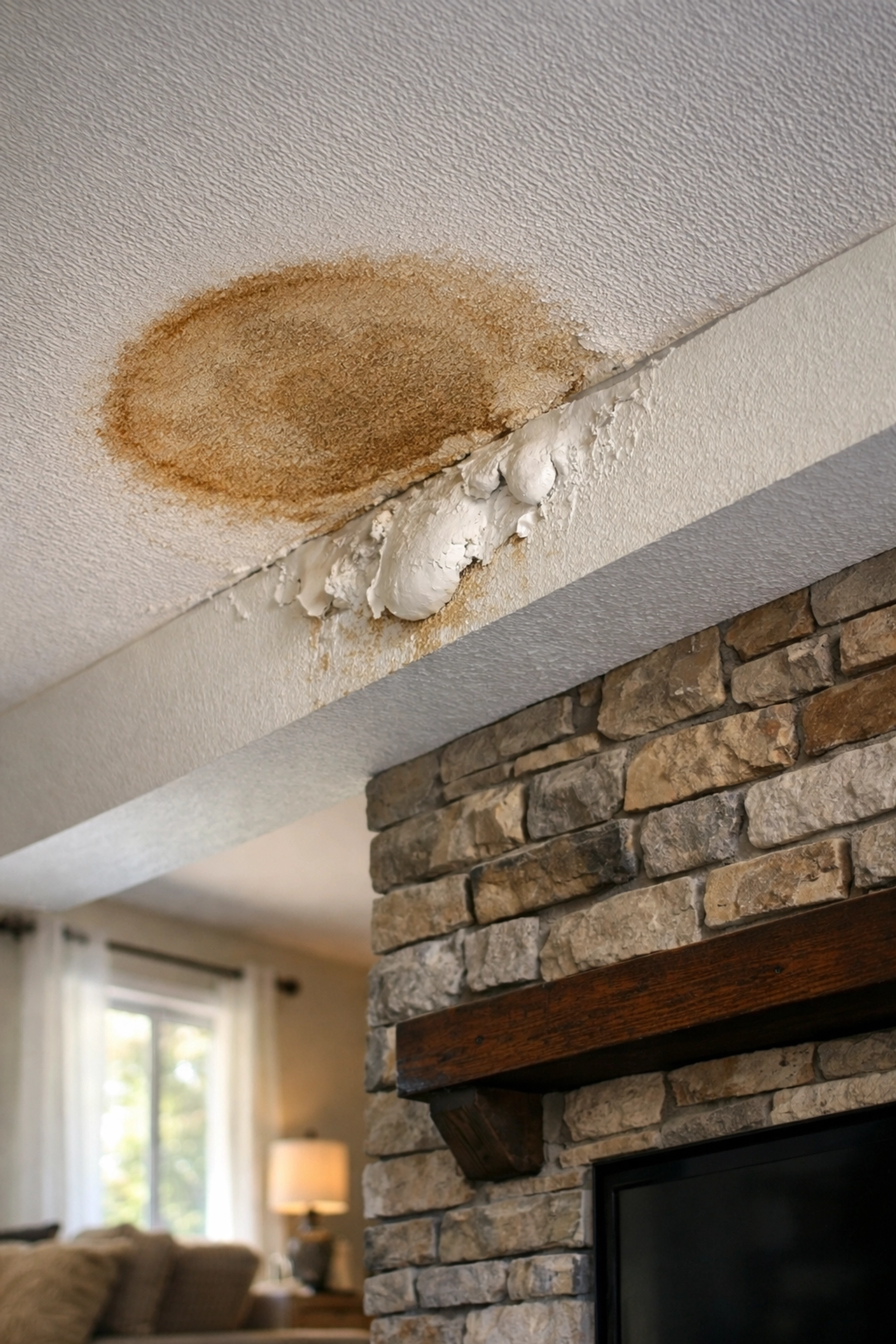 Interior water stain on a living room ceiling caused by a leaking chimney and faulty flashing.