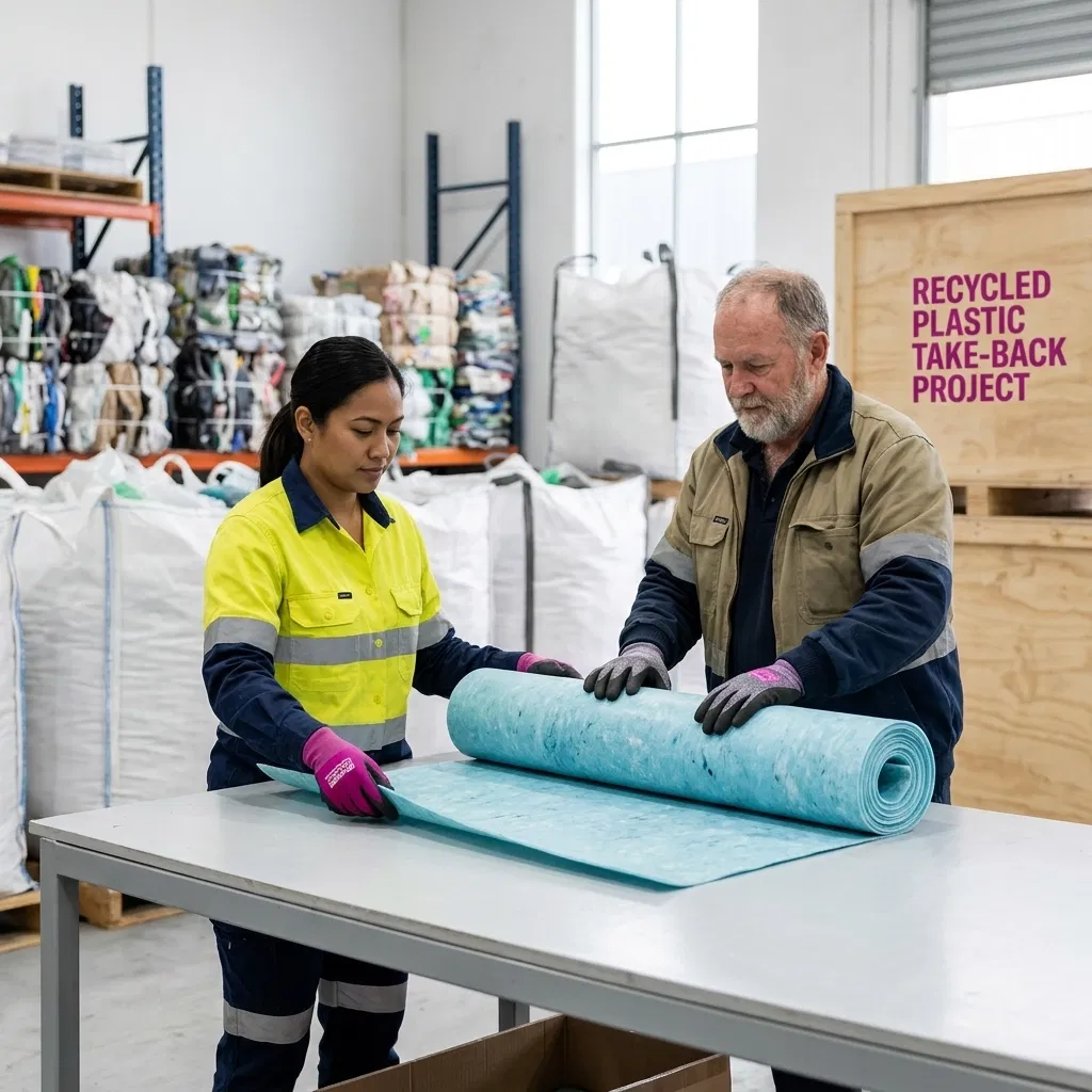 Two workers handling a large blue 100% recycled plastic sheet