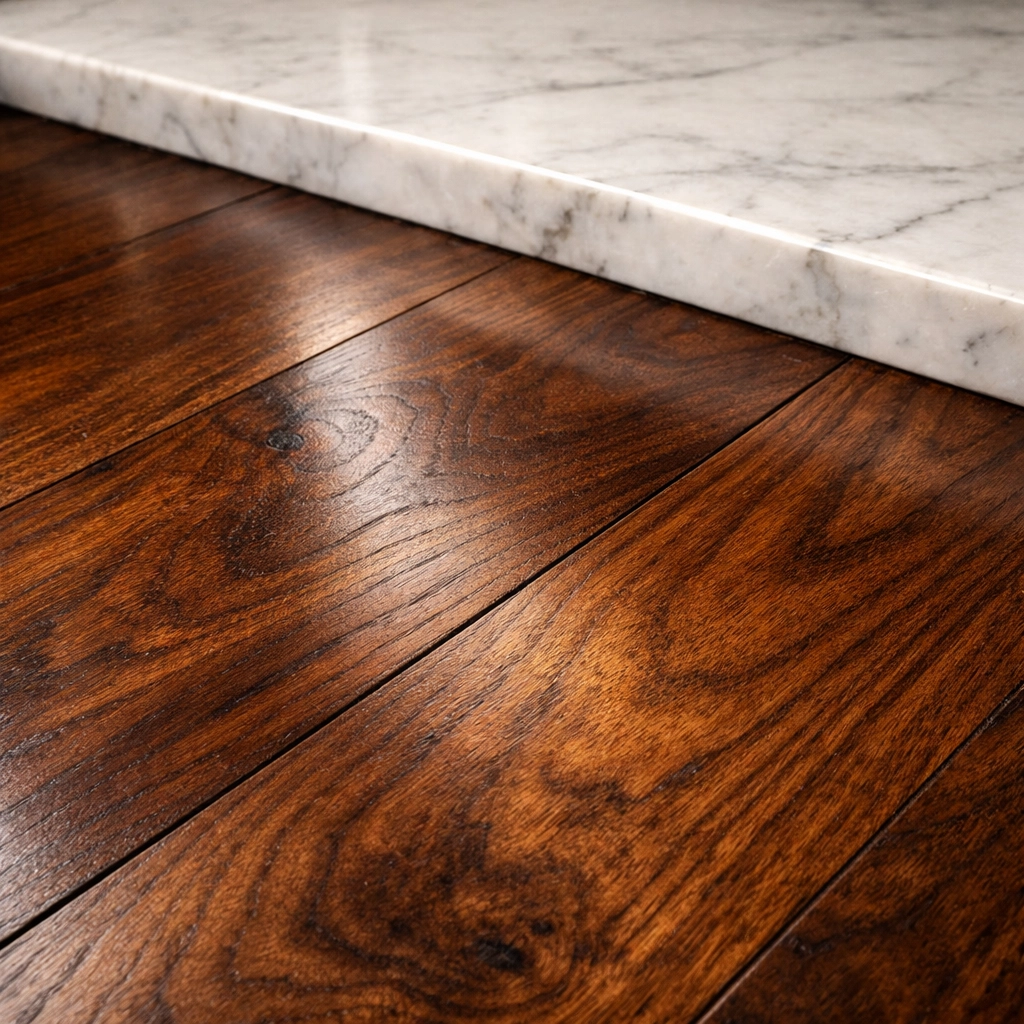 Clean walnut hardwood flooring and marble threshold in a Detroit loft free of winter salt residue.