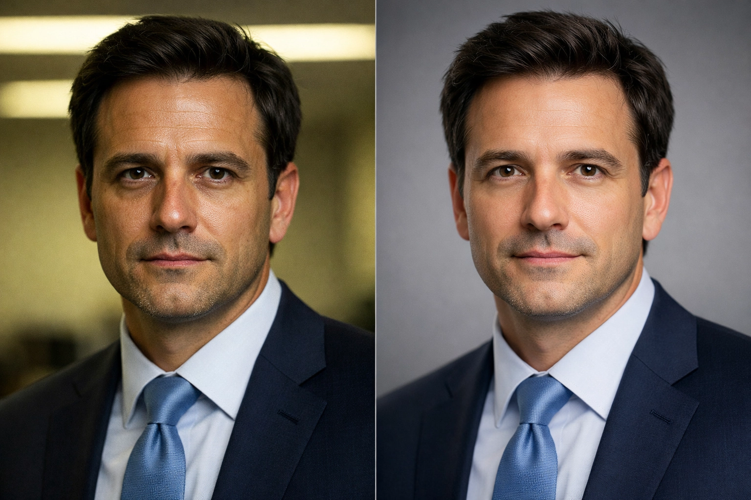 Comparison of harsh office light and the best lighting for executive portraits.