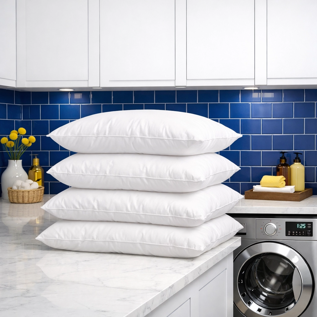 A stack of fluffy white pillows in a modern laundry room ready for a deep clean refresh.