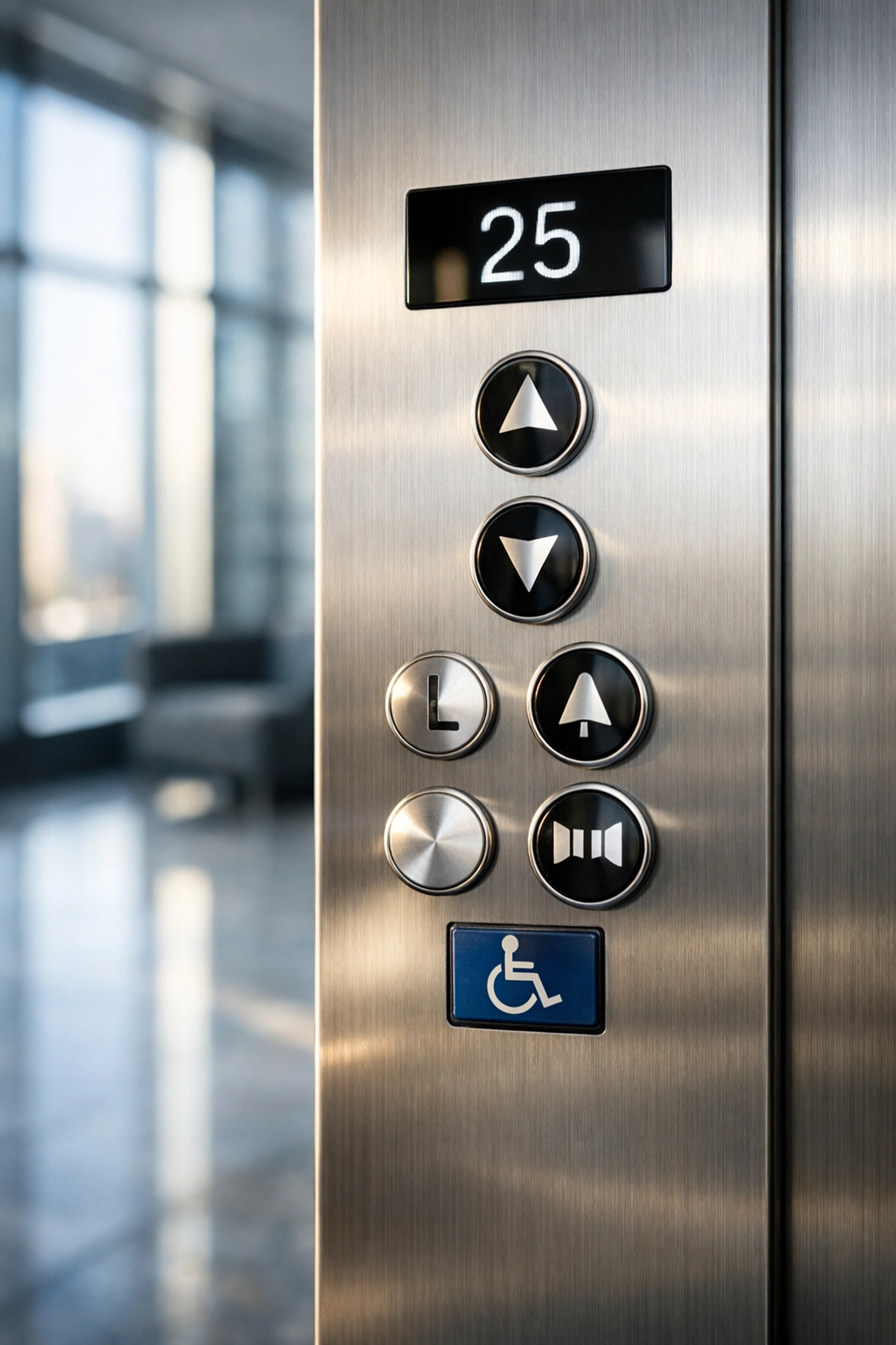 Pristine elevator control panel in a Chicago office highlighting clean high-touch surfaces.