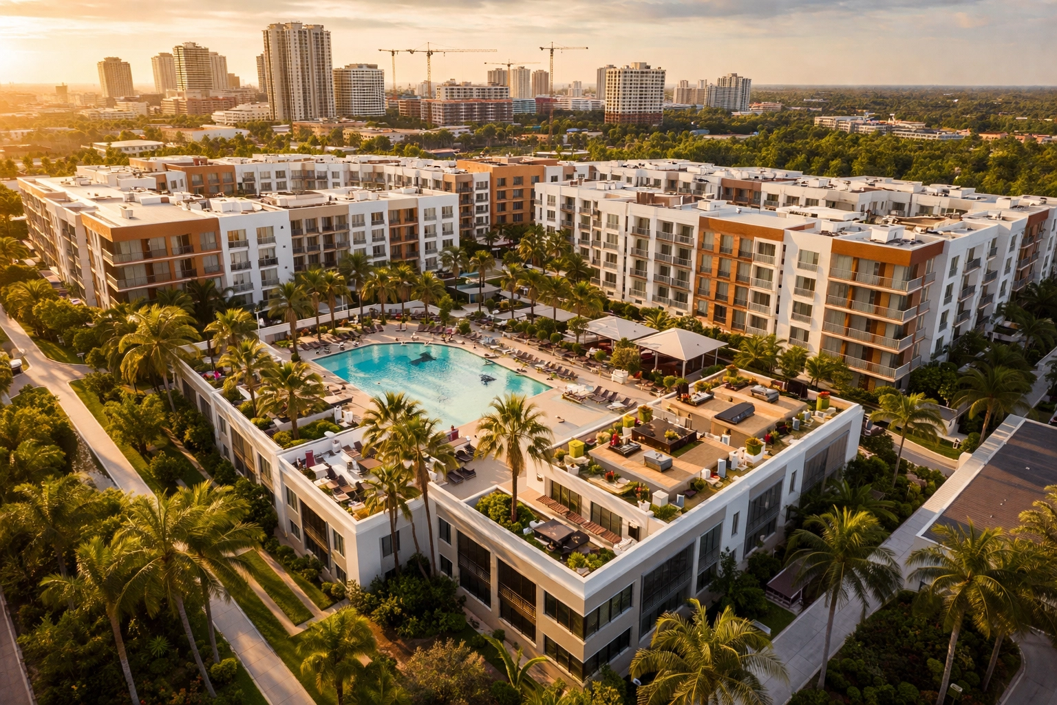 Aerial view of a luxury apartment complex highlights multifamily real estate investment syndication strategies
