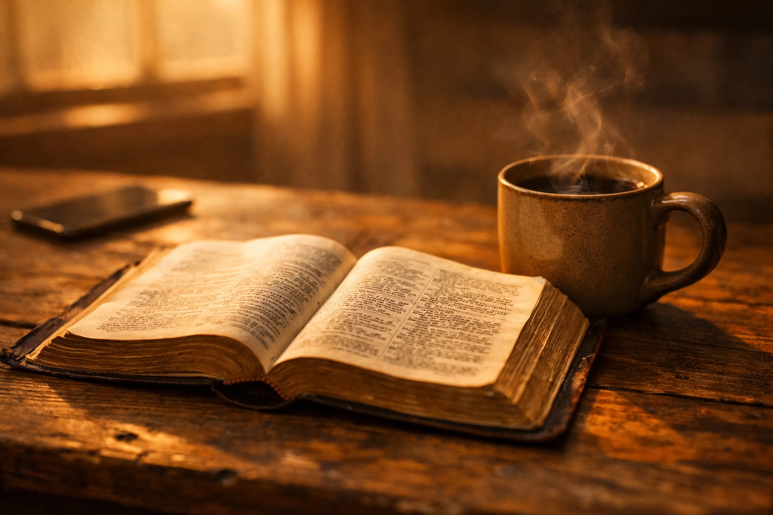 An open Bible and a coffee mug in morning sunlight, focusing on a peaceful 8 AM calm routine.