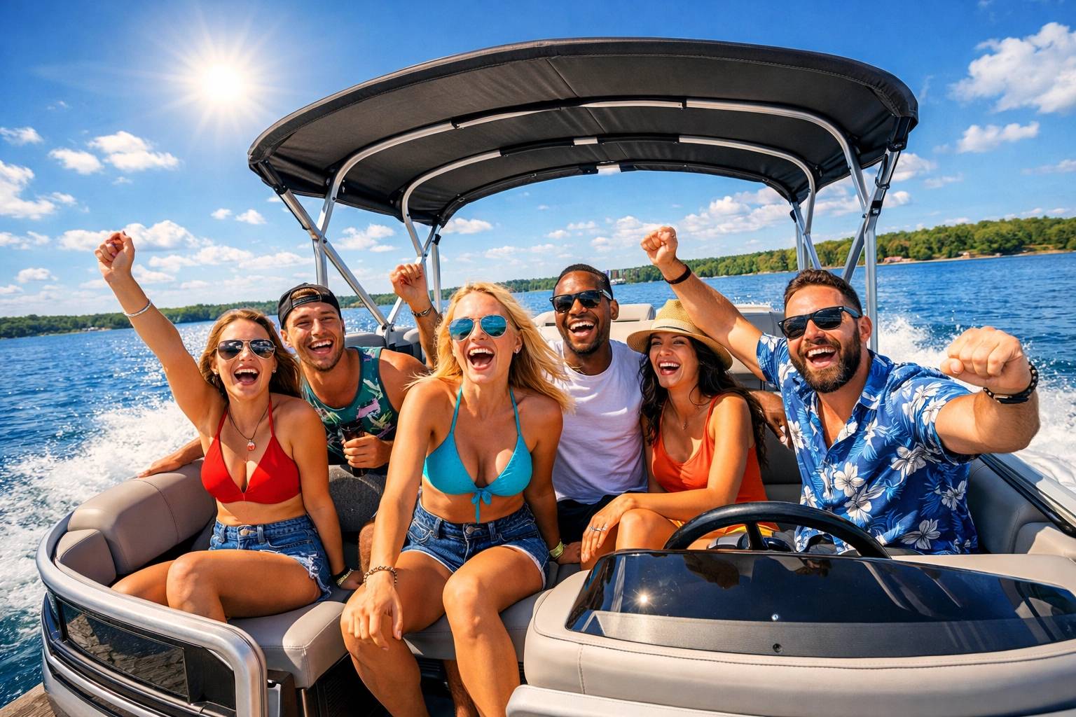 Friends enjoying a fast ride on a modern pontoon boat with a double-bimini top on a sunny day.