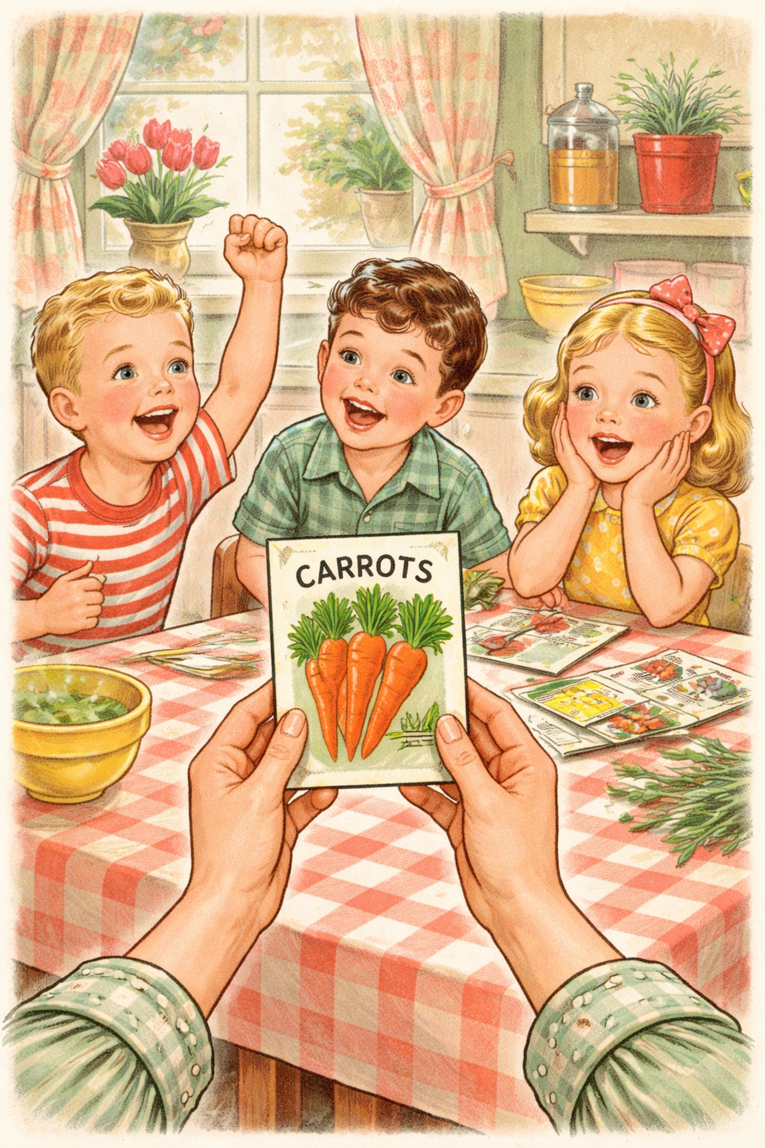 Family celebrating as a parent reveals the answer in a mystery seed guessing game, kids cheering around the table