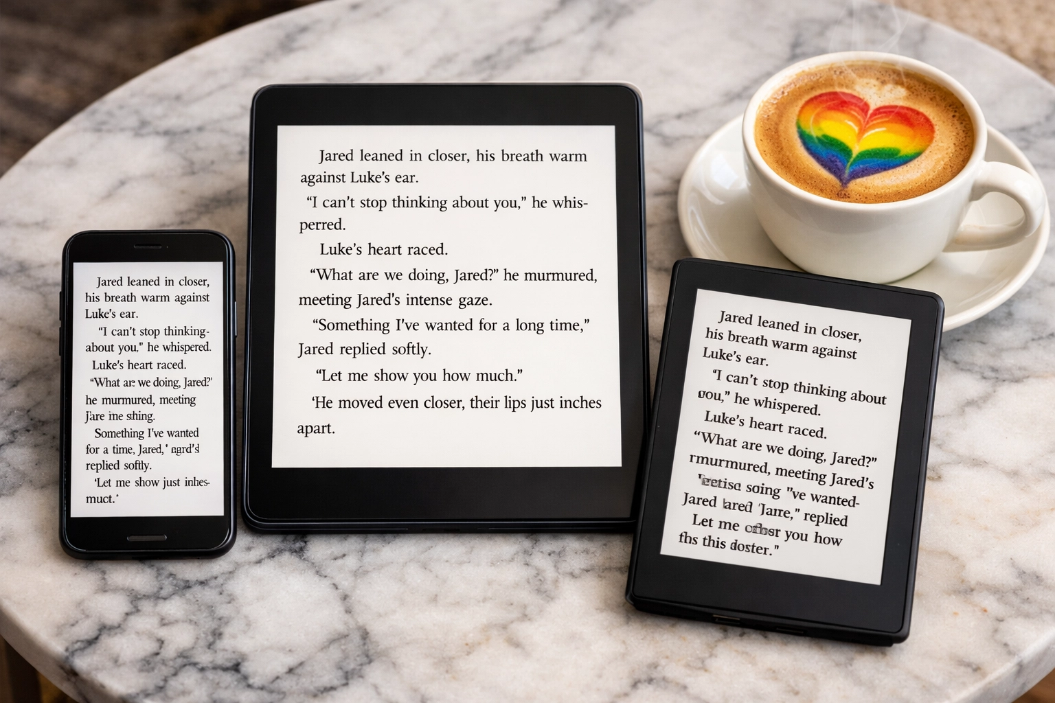Multiple digital devices displaying the reflowable layout of an MM romance book for professional reading.