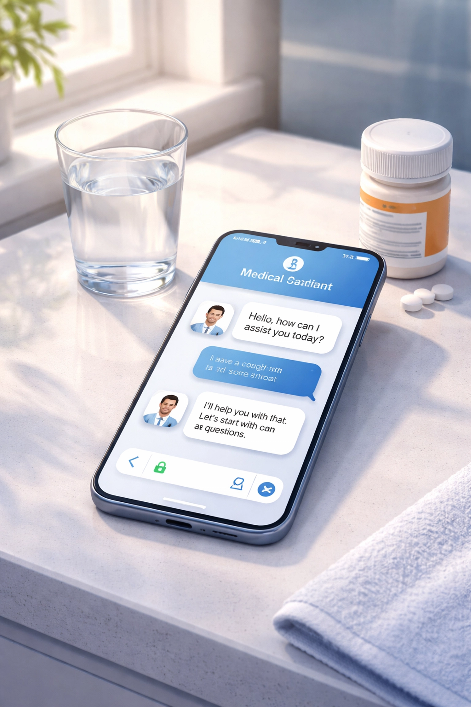 Smartphone displaying online doctor chat for same day UTI treatment with medication bottle on counter
