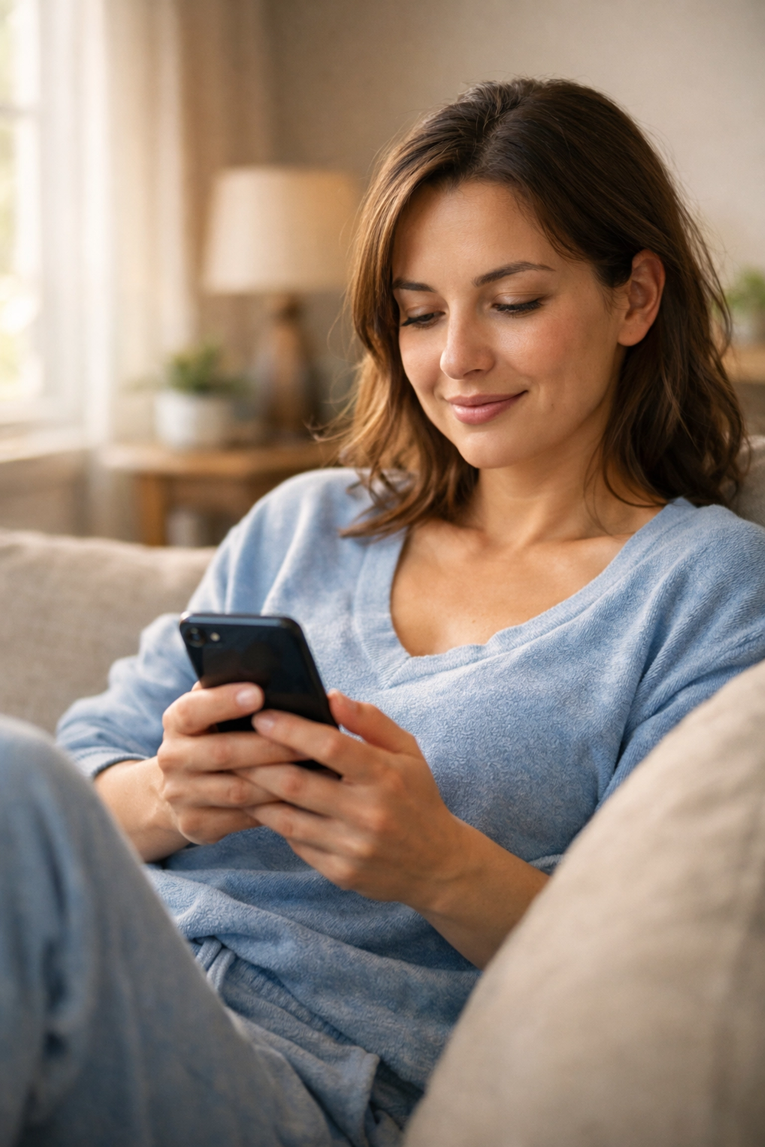 Woman using smartphone for discreet online medical consultation from home
