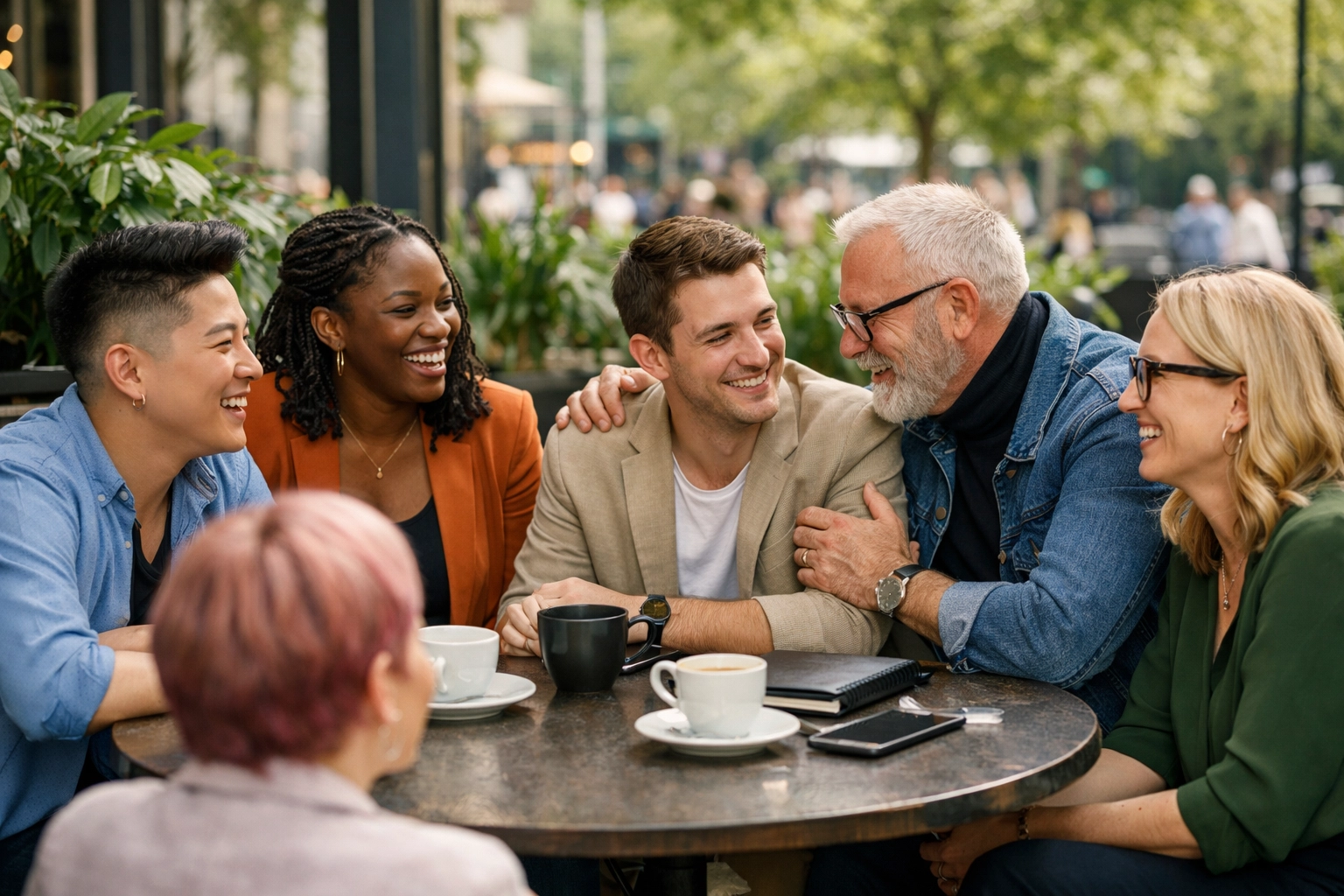 Diverse LGBTQ+ professionals networking at a cafe, building a supportive professional found family.