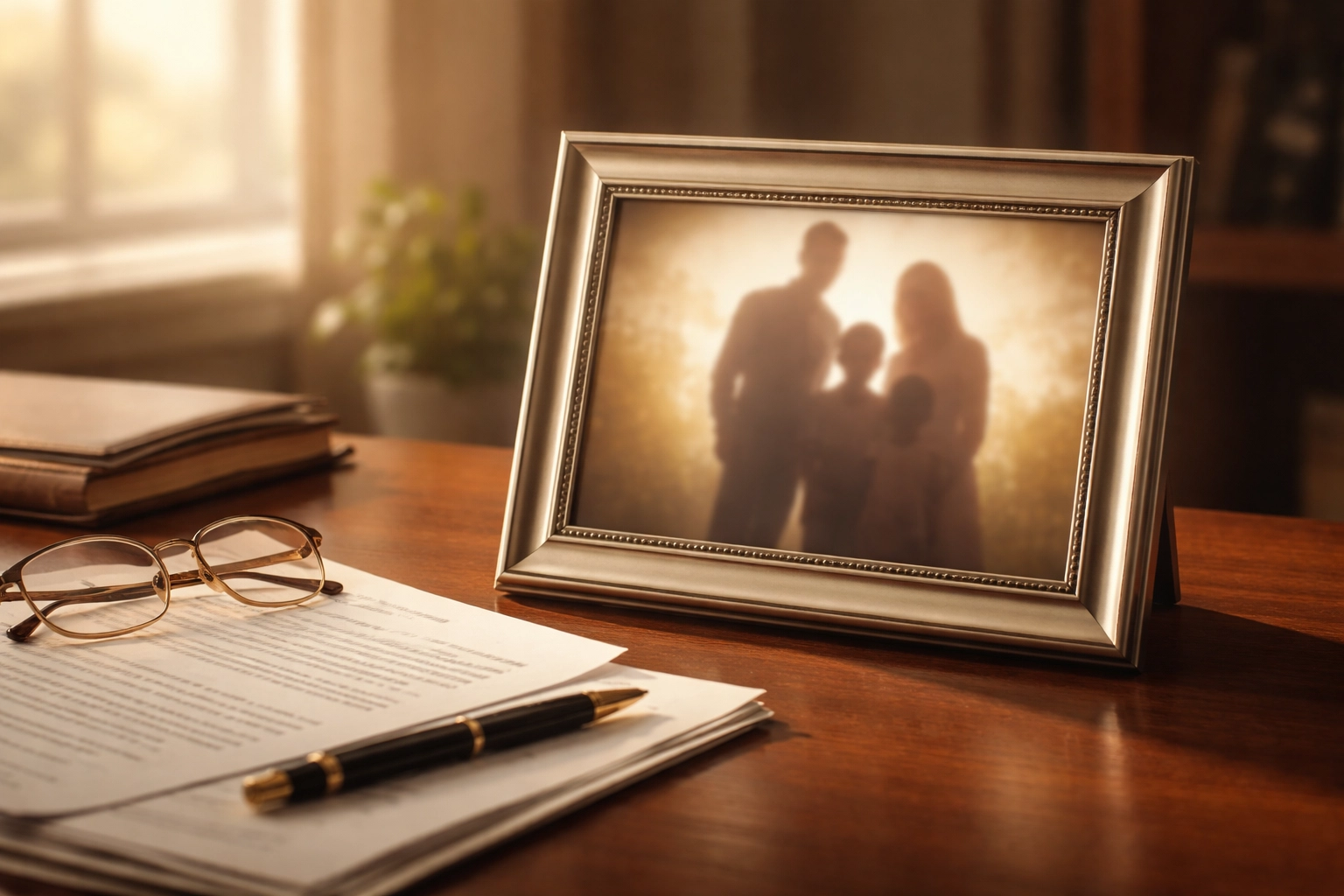 Divorce Attorney Fredericksburg VA reviewing legal documents beside a framed family photo during property division