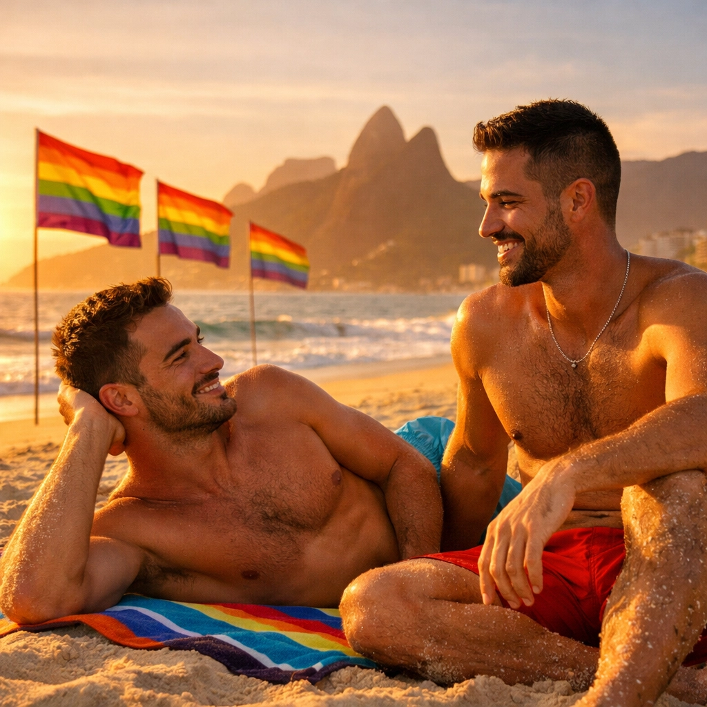 Gay couple relaxing on Ipanema Beach in Rio with rainbow pride flags visible
