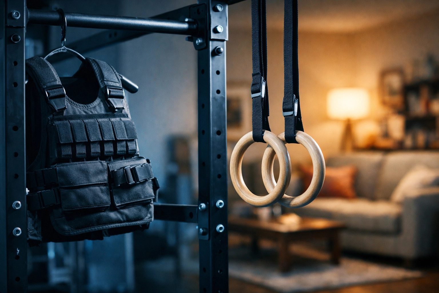 Dedicated CrossFit home gym training zone with professional calisthenics equipment.