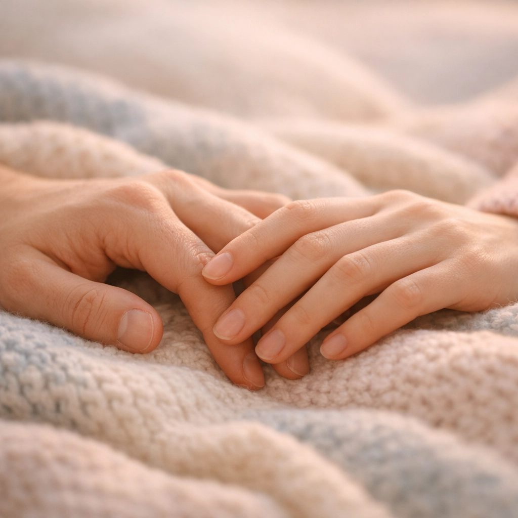Két kéz gyengéd érintése, amely a párkapcsolati intimitás és szexuális vágy újjáépítését jelzi.