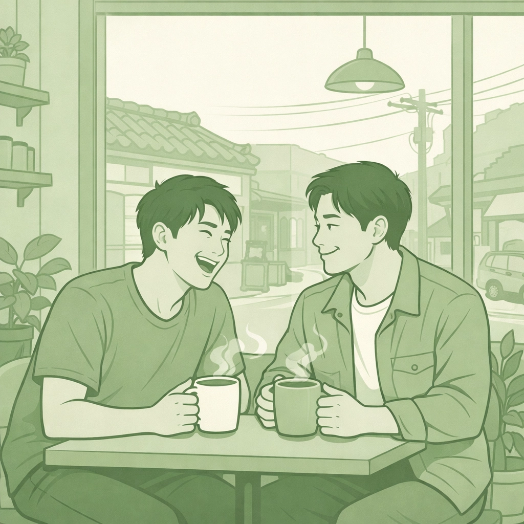 Two men enjoying coffee together in Seoul neighborhood café - authentic gay relationship