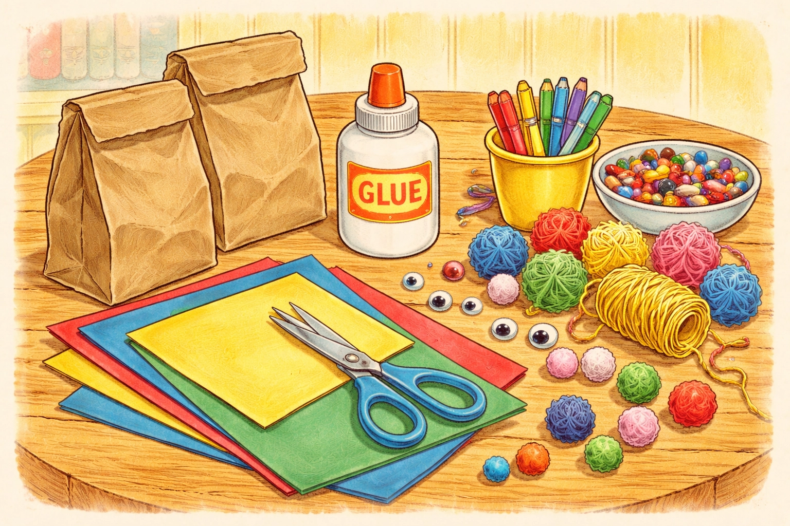 Supplies for making paper bag puppets including brown bags, glue, googly eyes, yarn, and construction paper on a kitchen table.