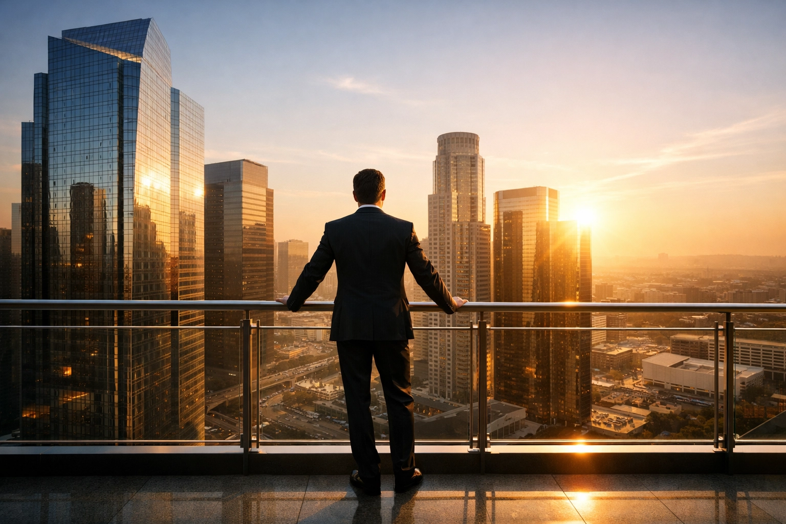 Business leader on a skyscraper balcony overlooking a city, symbolizing growth and successful scaling.