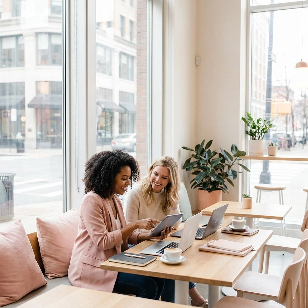 Business owner and virtual assistant collaborating in a cafe, highlighting partnership in business administration.
