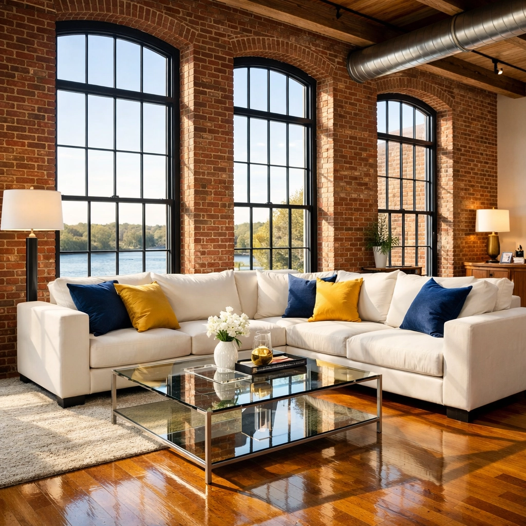 Pristine living room in a Lowell loft, showing the results of reliable maid services Lowell for busy professionals.
