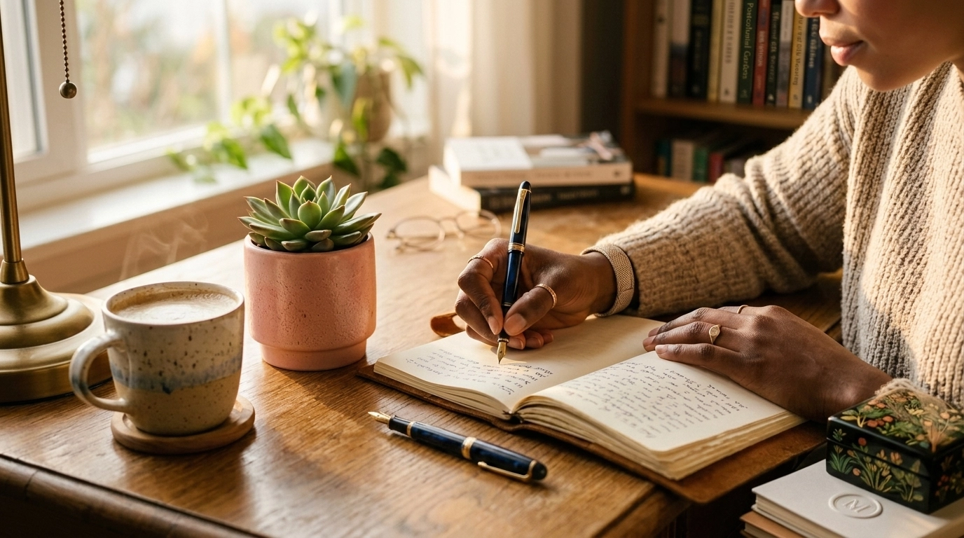 A close-up of a stylish desk with a journal, a succulent in a pink pot, and a warm cup of coffee, capturing a peaceful morning ritual with a casual elegant lifestyle feel.