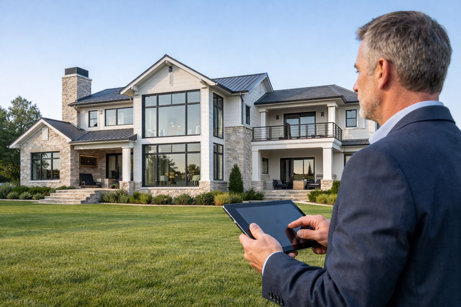Real estate appraiser evaluating the exterior of a modern North Carolina home with a tablet.