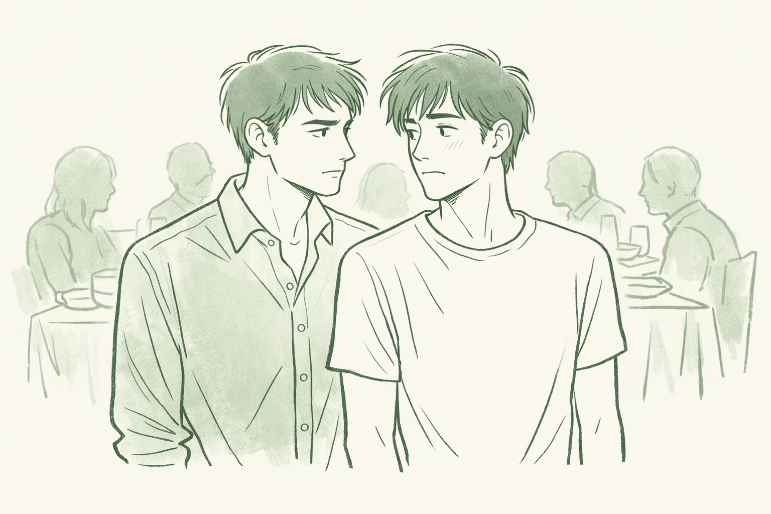 Two men sharing forbidden glance at family gathering in MM romance best friend's brother trope