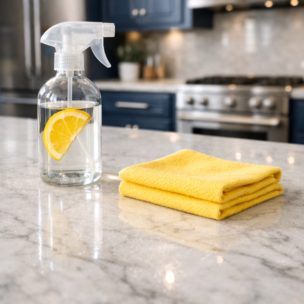 Sparkling clean marble kitchen island in Leominster sanitized with natural lemon cleaning products.