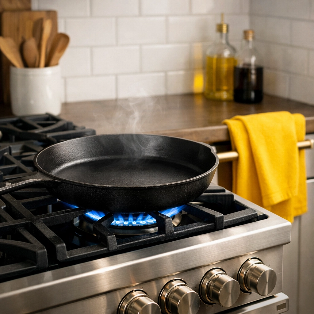 Drying a cast iron skillet on a gas stove burner to ensure a rust-free finish after washing.