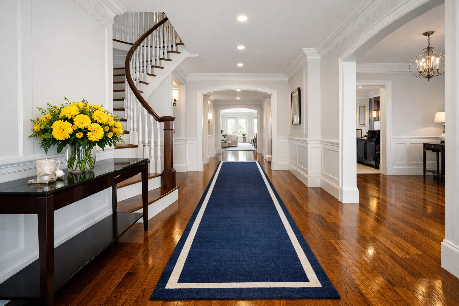 Gleaming hardwood floors in a luxury Westford foyer following a professional deep house cleaning.