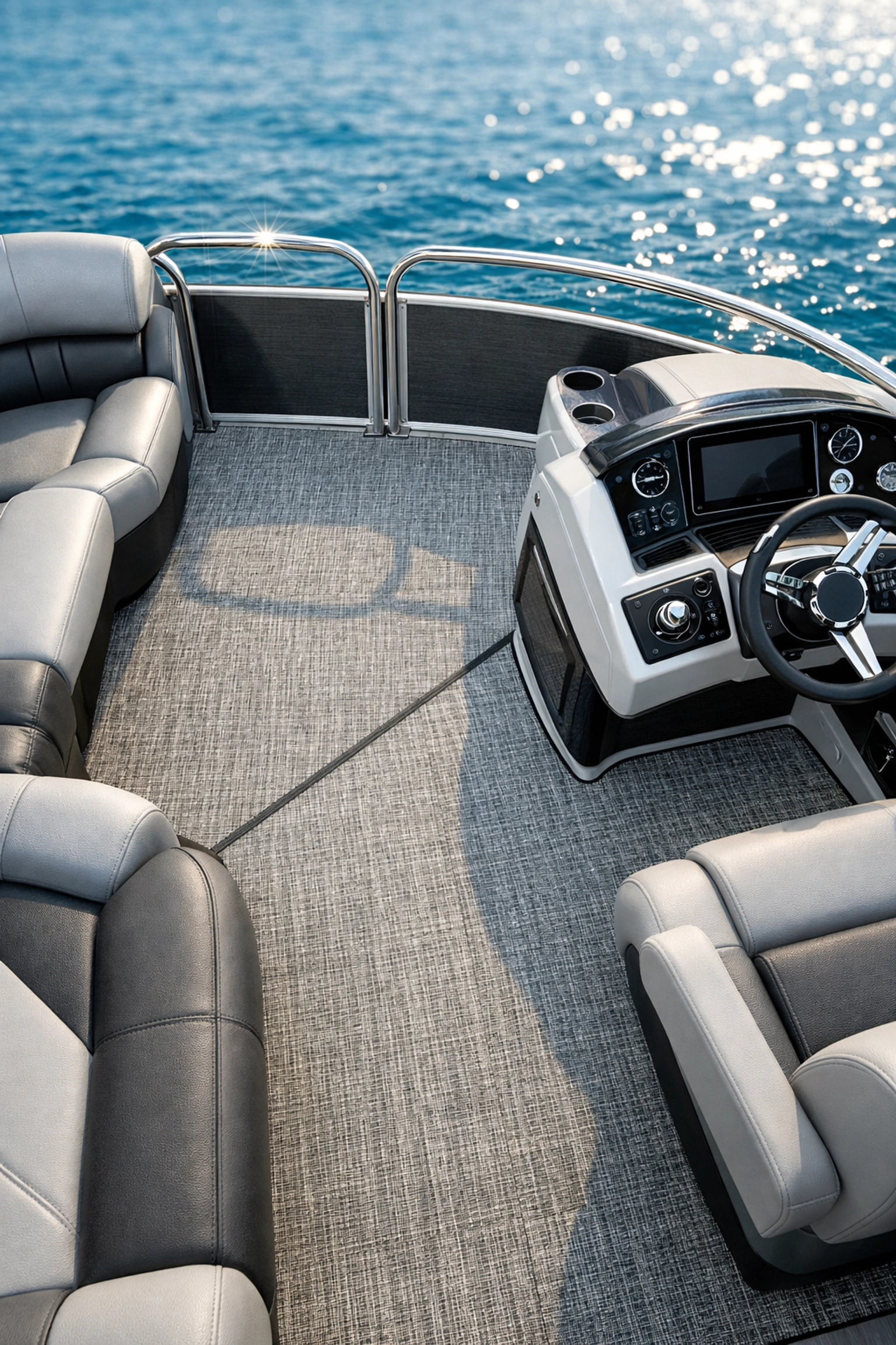 Close-up of a modern 2026 pontoon boat deck with durable woven vinyl flooring and premium silver upholstery.