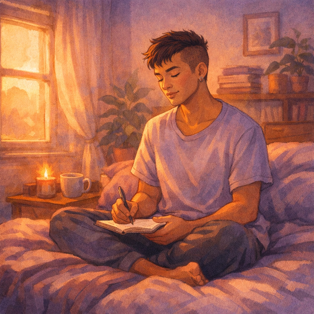 Queer man practicing mindfulness and self-care through meditation in peaceful bedroom setting