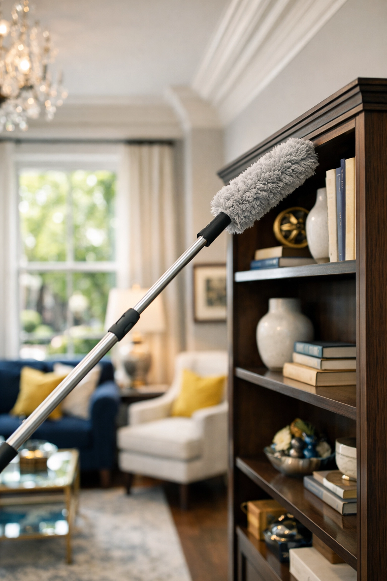 House cleaning in North Cambridge showing a duster on a tall bookshelf following the top-to-bottom rule.