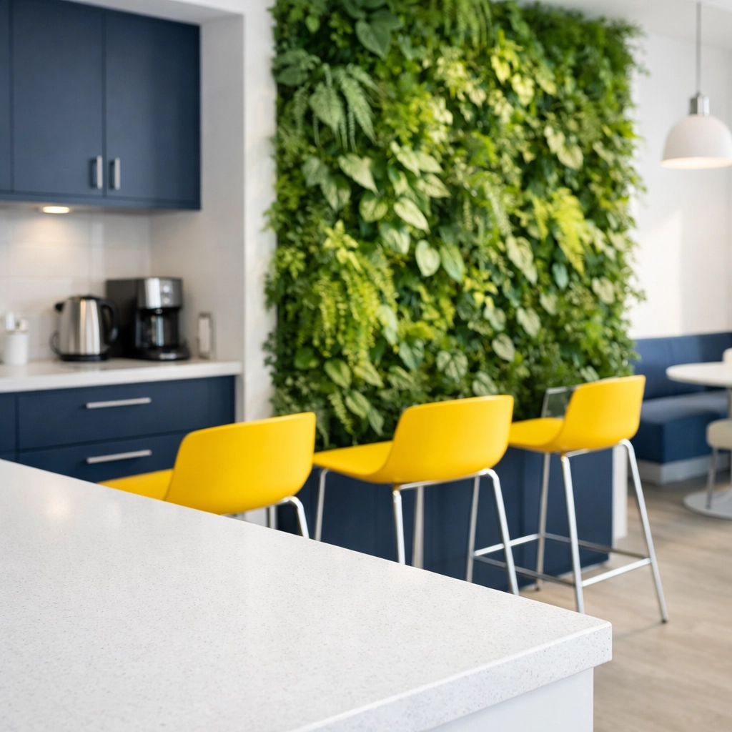 Clean, healthy office breakroom using eco-friendly products for improved workplace wellness.