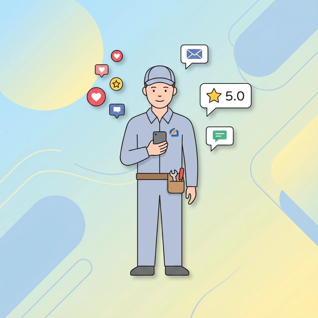 Illustration of a happy homeowner calling a local plumber after finding them in the Google Maps 3‑pack