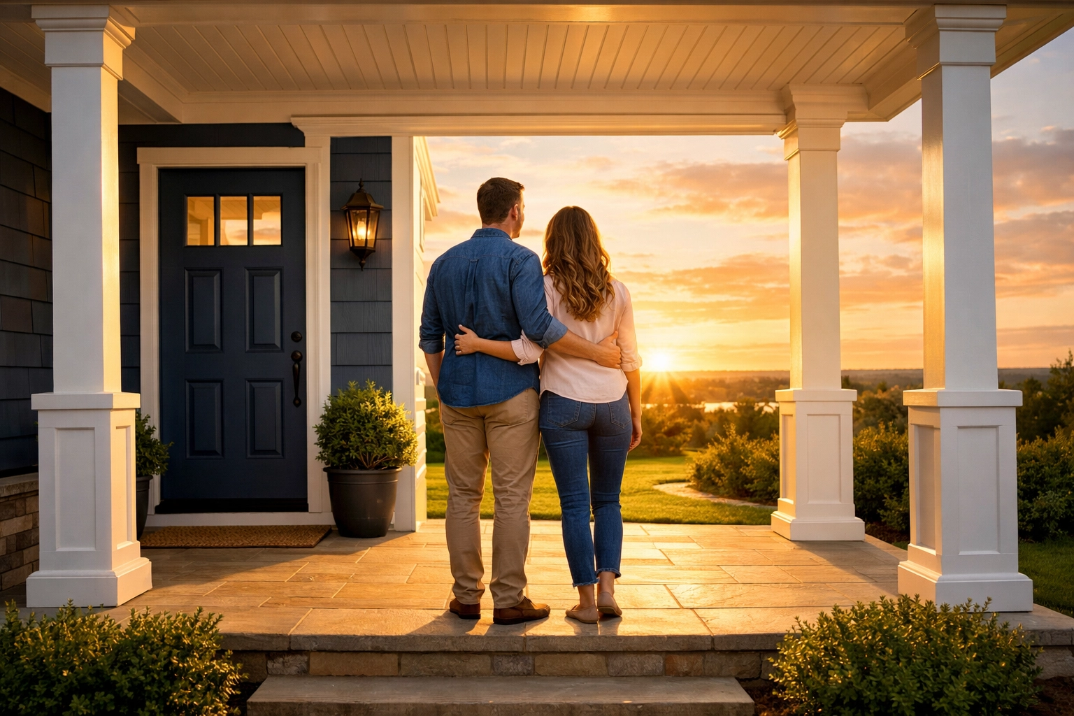 A couple looking at their suburban home after successfully building credit to qualify for a mortgage.