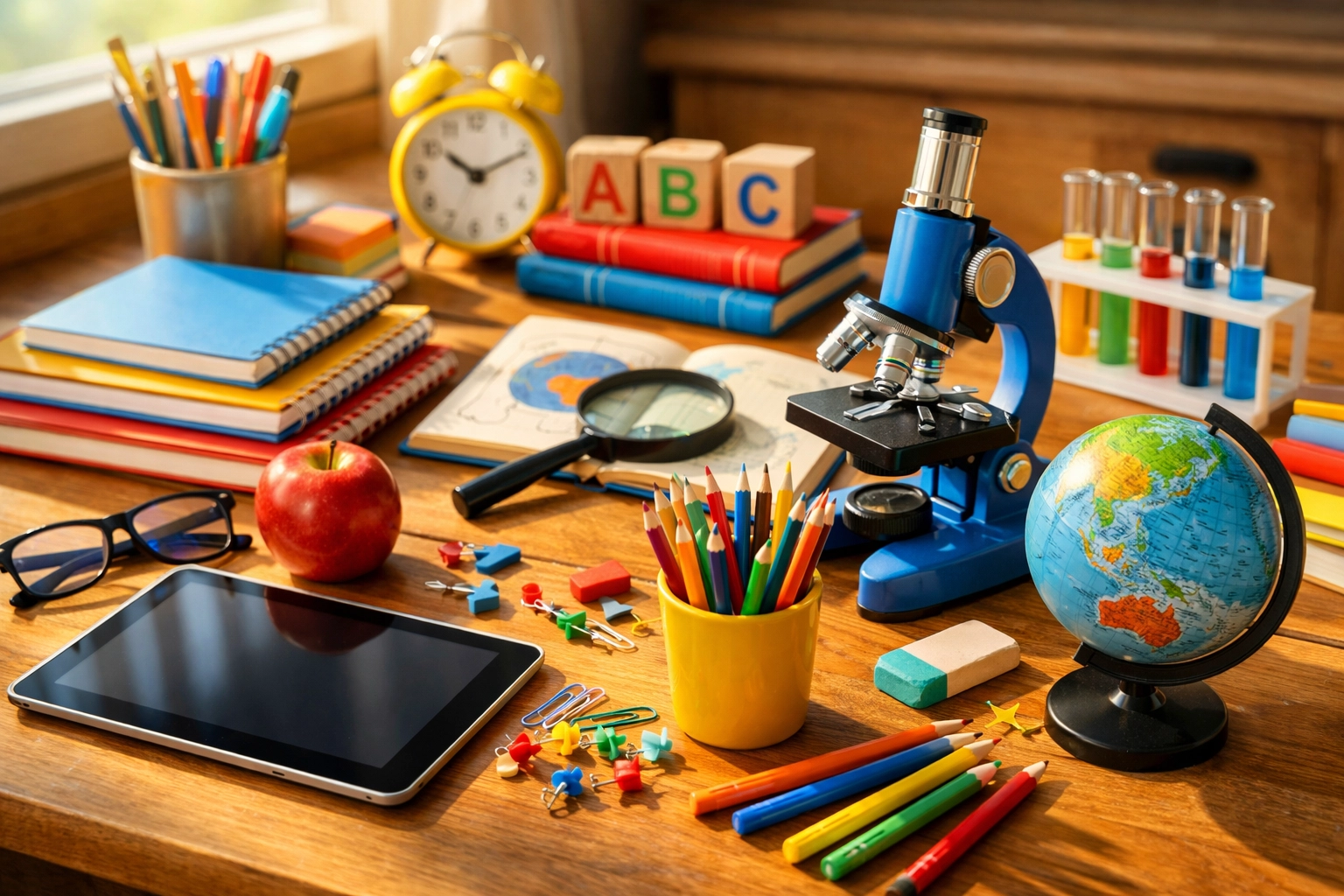 Educational supplies including tablets, microscopes, and books arranged on desk for global delivery