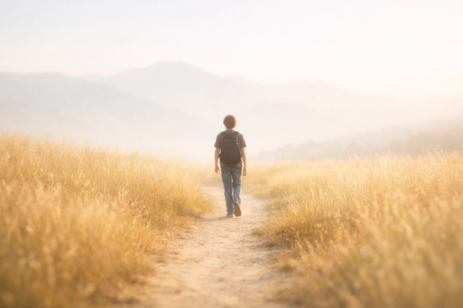Teenager walking on a sunlit path toward mountains, symbolizing resilience in teen counseling.