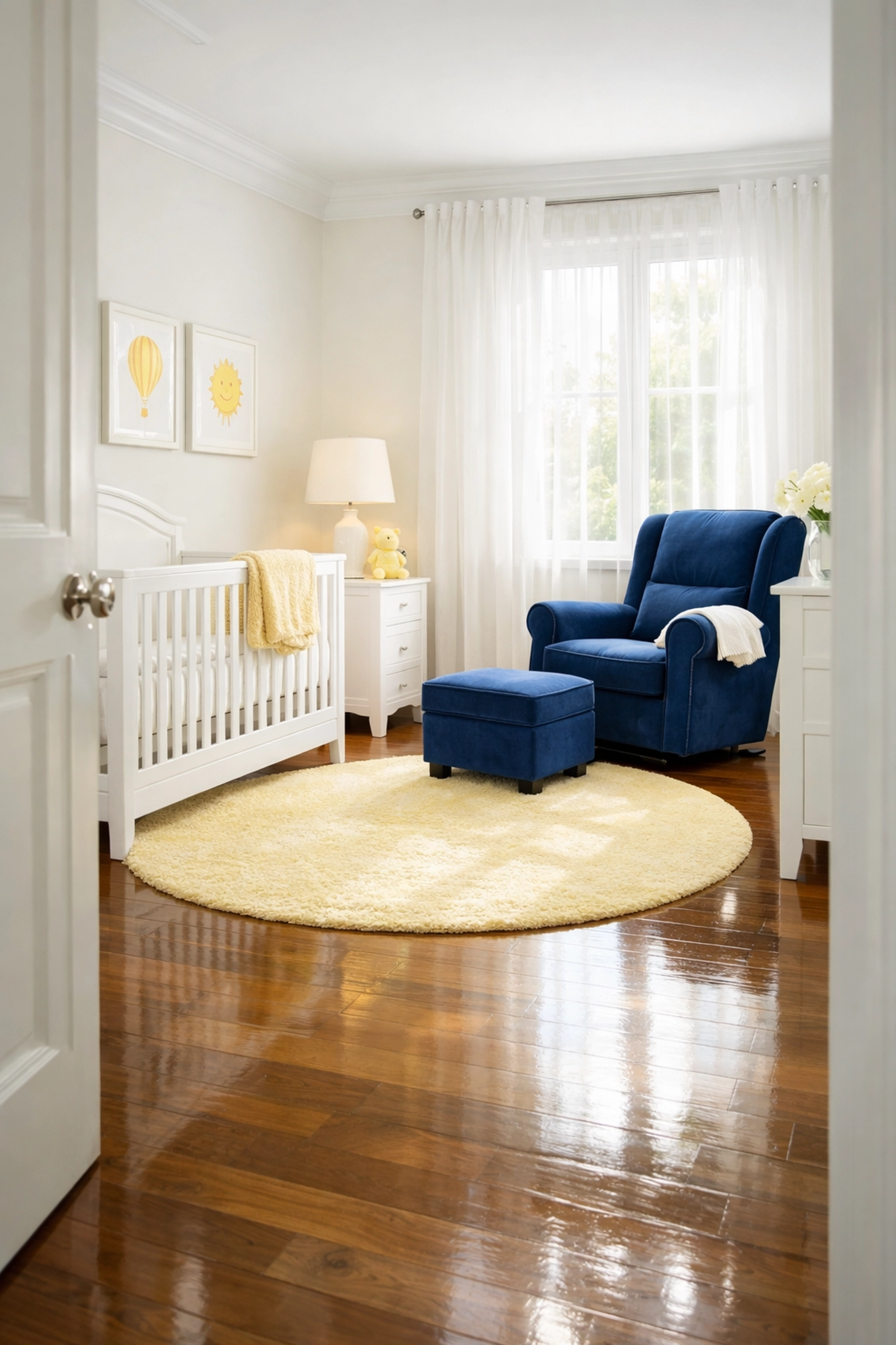 A pristine, dust-free nursery with polished hardwood floors for a healthy baby environment.