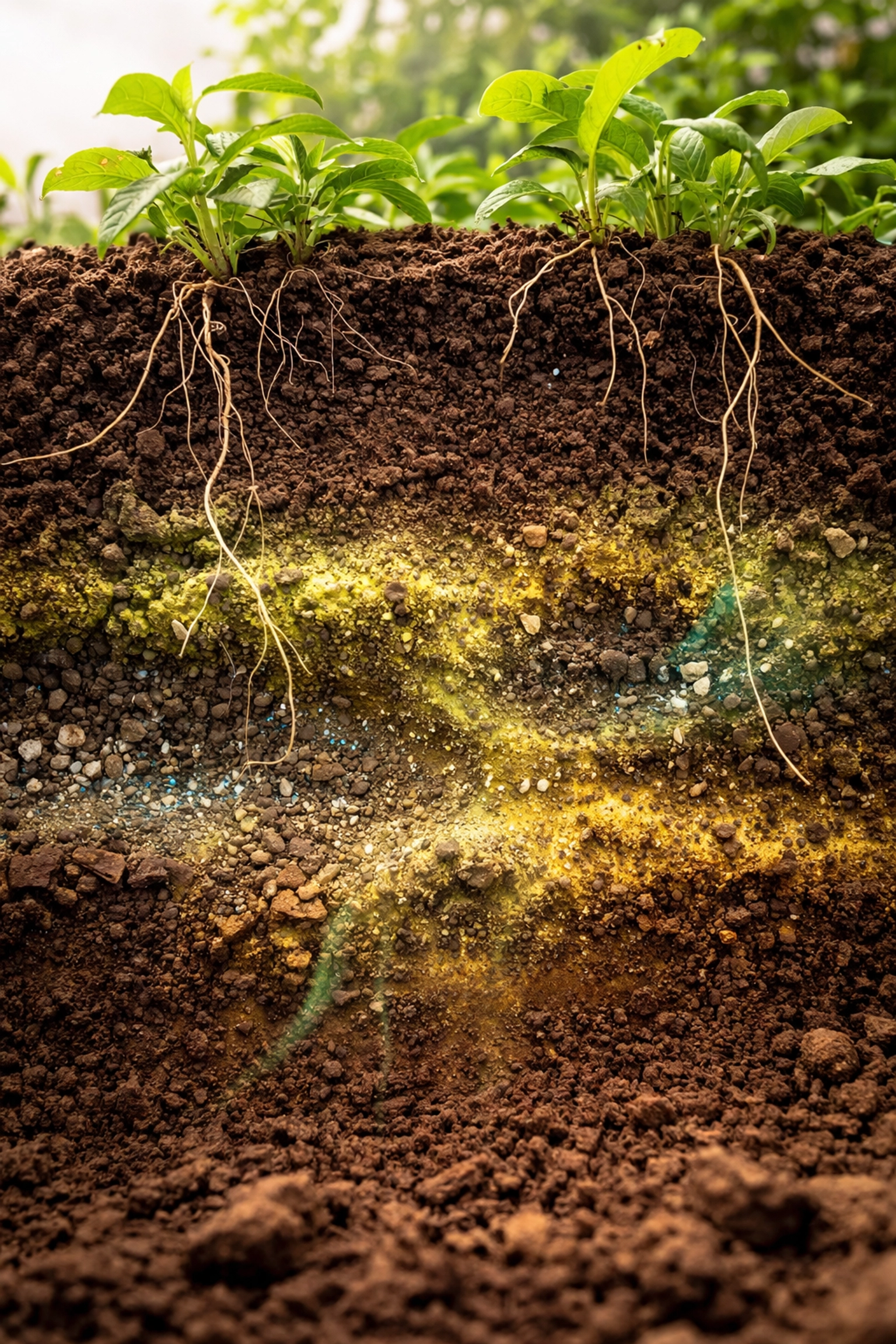 Garden soil cross-section showing chemical residue buildup and plant roots affected by pesticide contamination