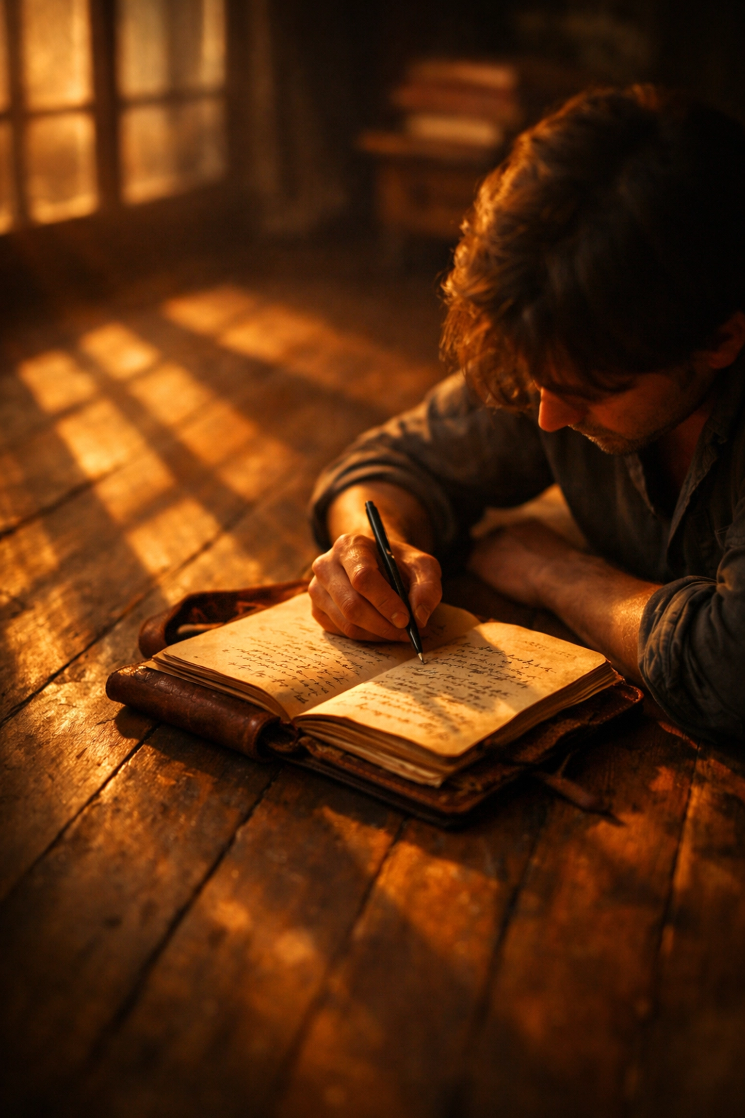 Writing in a journal to turn pain into spoken word poetry during a moment of healing and reflection.