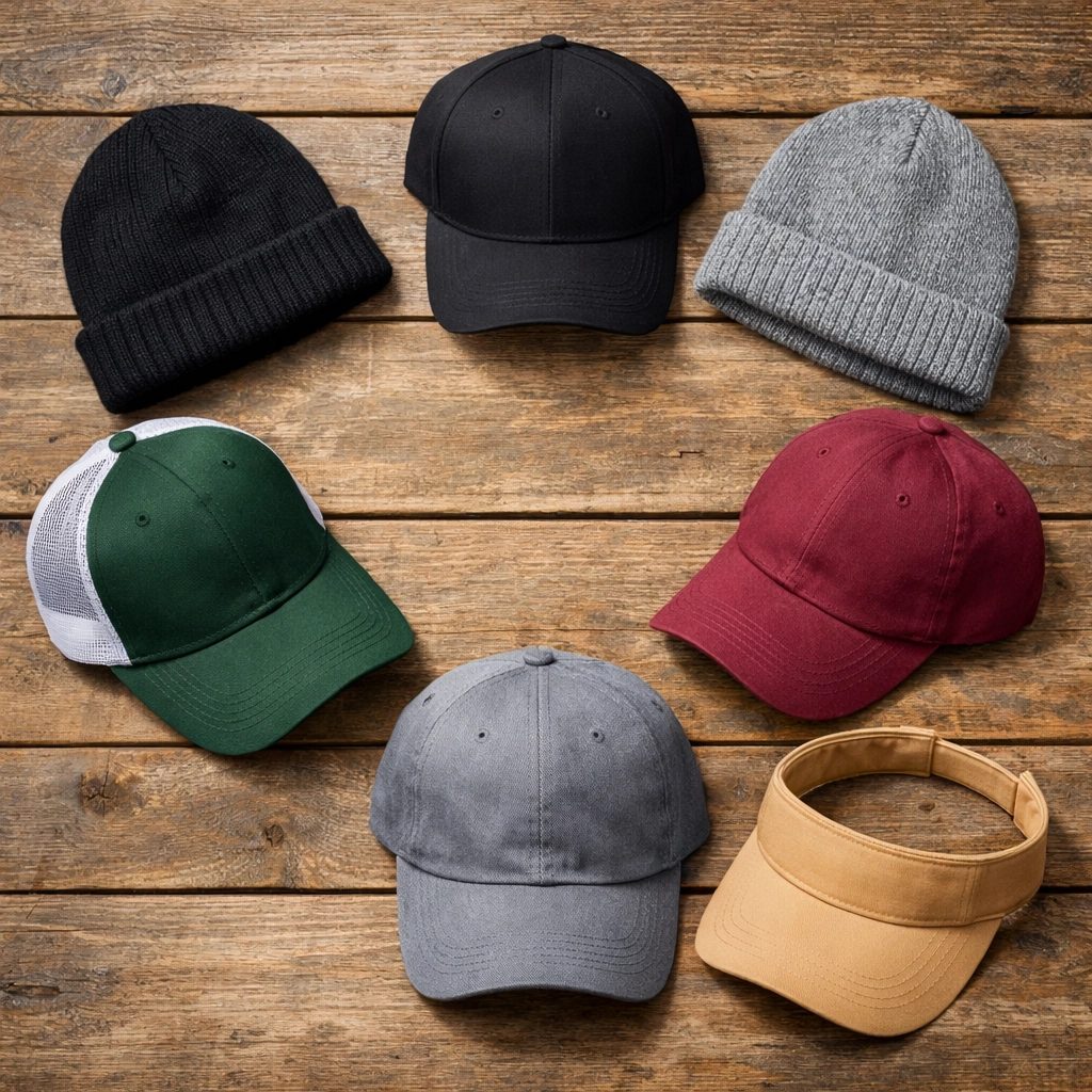 Assortment of custom cap styles including baseball caps, dad hats, trucker hats, beanies, and visors