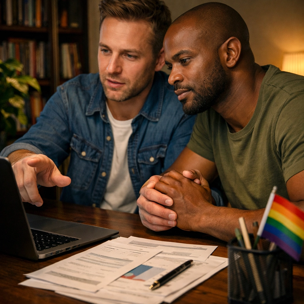 Interracial gay couple reviewing financial documents together to plan for career growth and inclusive family benefits.