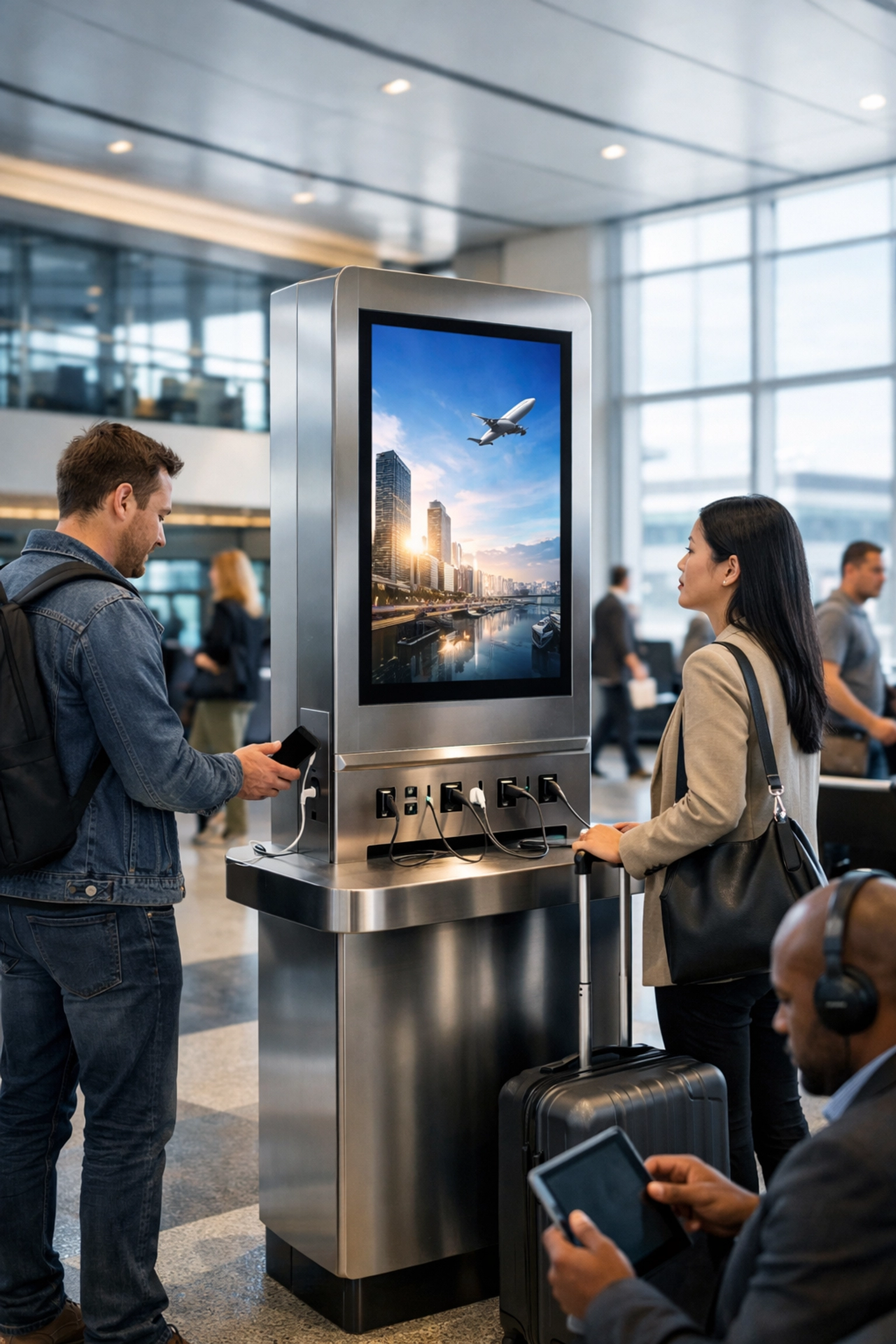 Dakdan Worldwide RAMM device offering smart infrastructure and digital signage in a modern airport concourse.