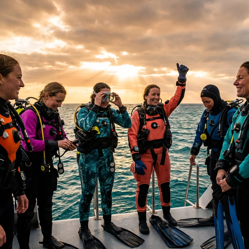 Group of female scuba divers in colorful wetsuits prepare to dive, showcasing women's leadership in the dive community.
