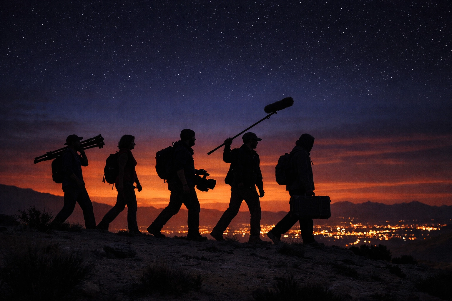 A film crew fellowship carrying gear across a desert ridge at twilight near Reno.