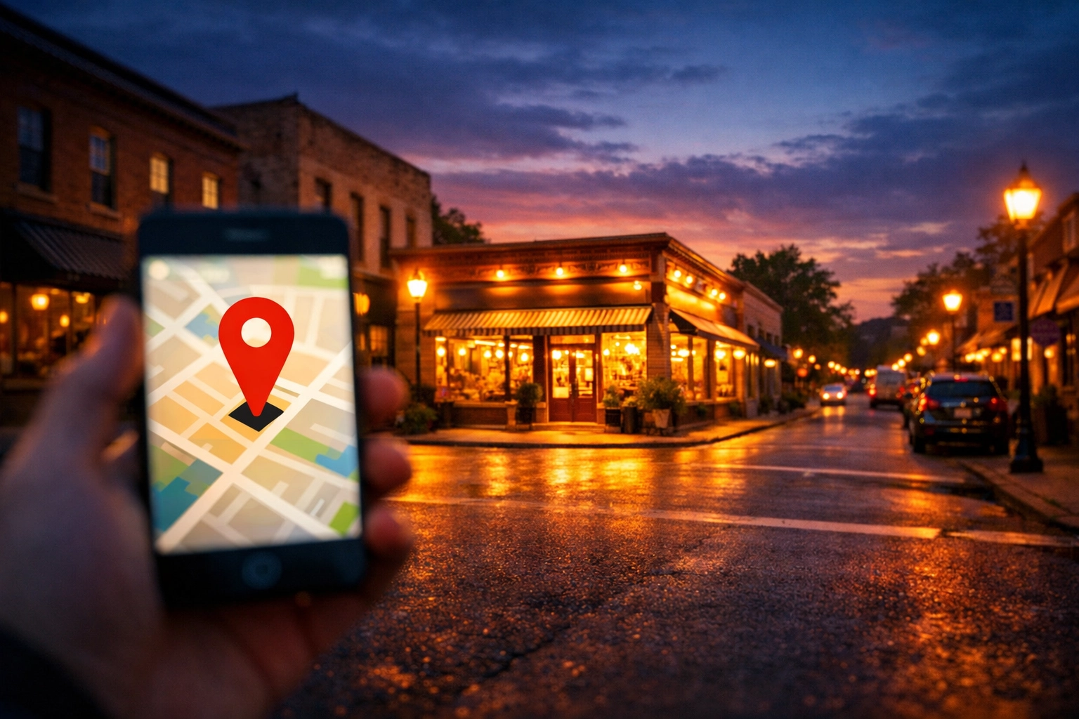 Local business storefront illuminated at night, representing successful local SEO services and search visibility.